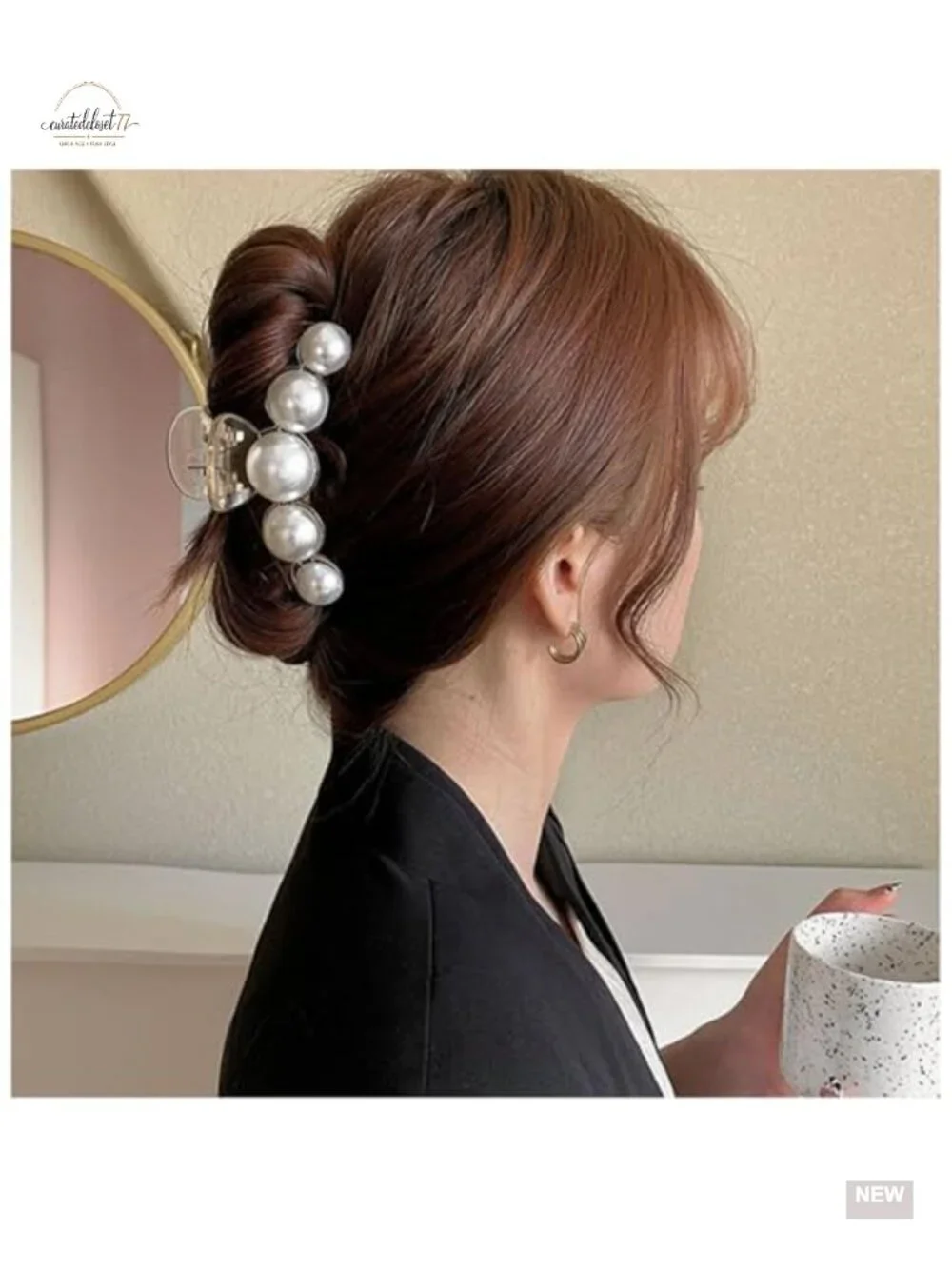 Pearl Hair Claw Clip - Strong Hold Barrette for Thick & Thin Hair